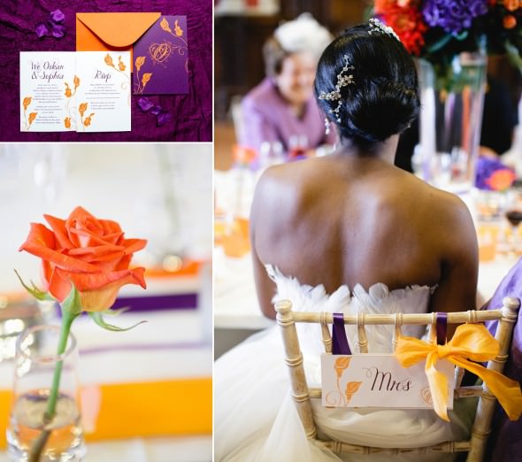 purple and orange wedding reception details