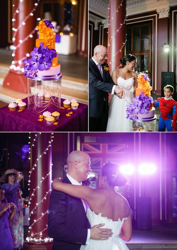 orange and purple orchid ombre wedding cake