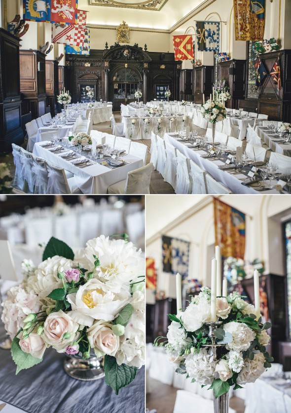 Stationers Hall Wedding white and pale pink flowers candleabra
