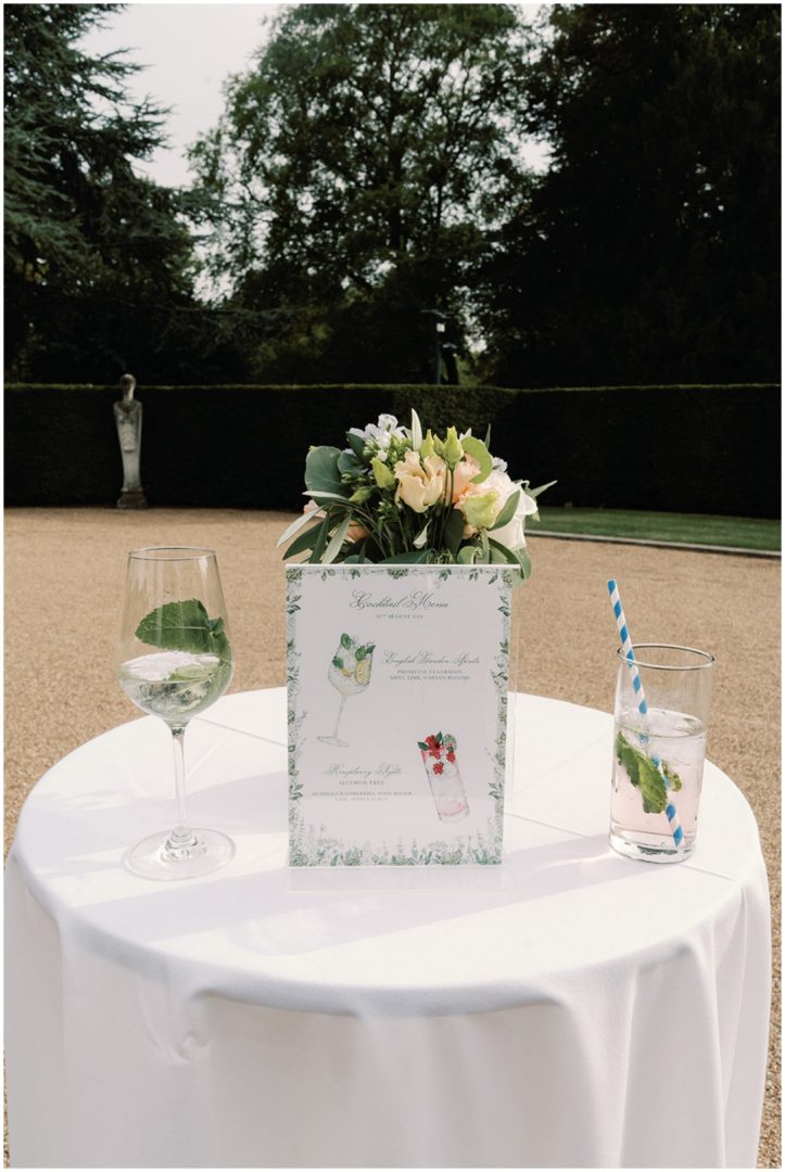 illustrated cocktail menu with drinks at Chiswick House Wedding