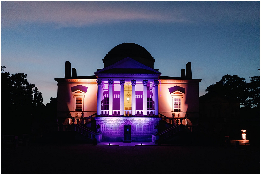 Chiswick House lit at night time at Chiswick House Wedding