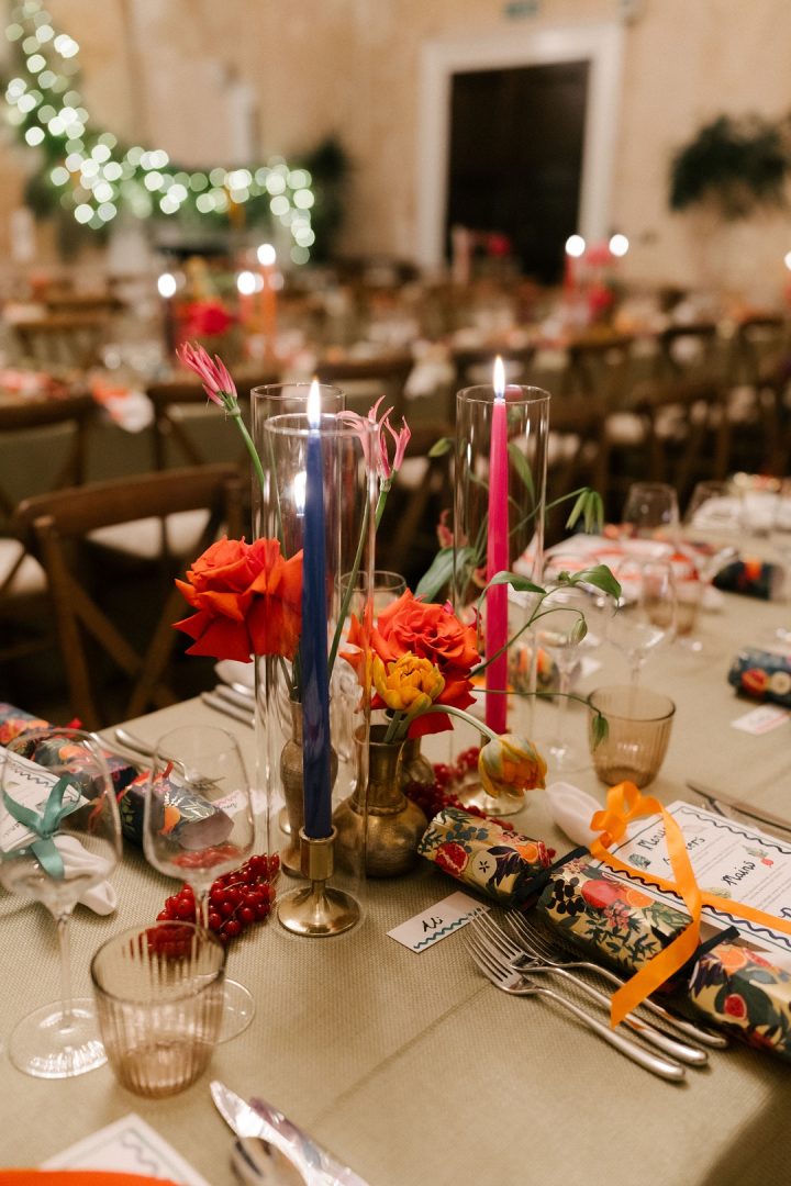 colorful candles in glass chimneys at Old Sessions House wedding