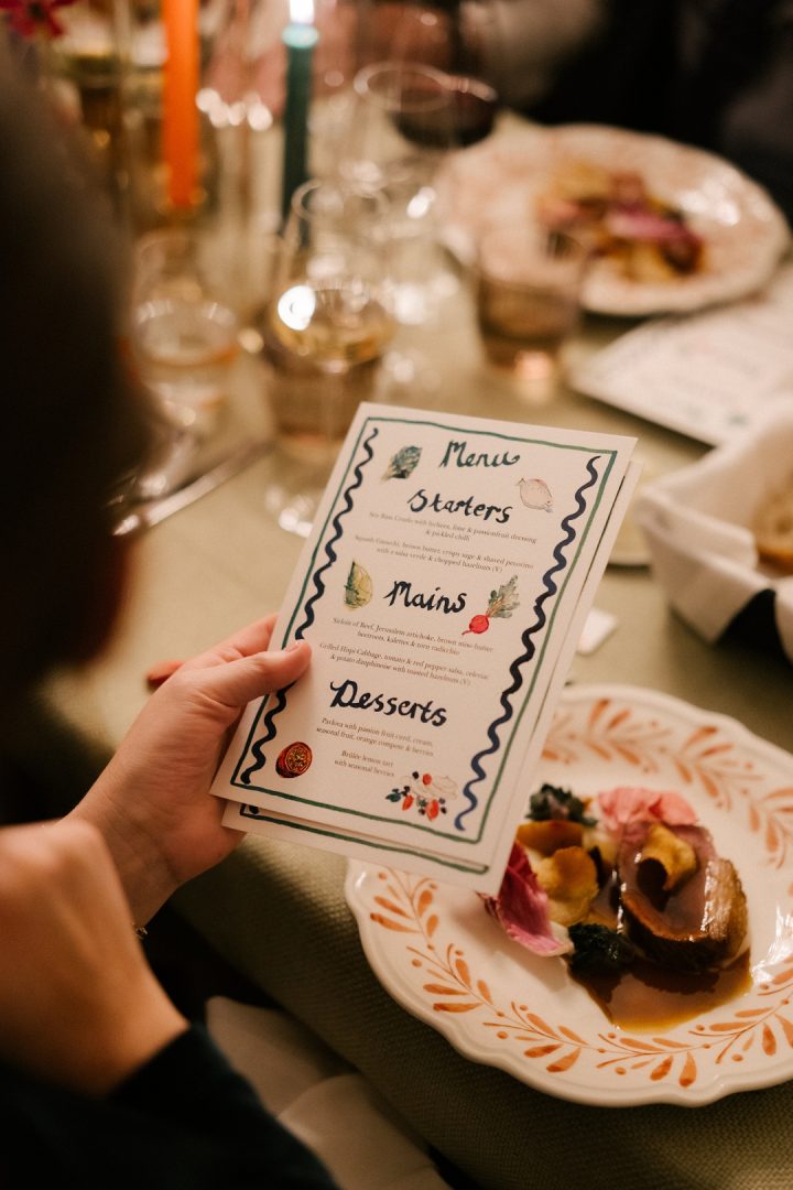 guest holding illustrated menu at Old Sessions House wedding